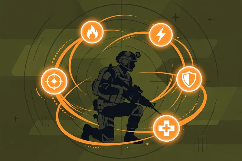 Soldier silhouette with glowing ability orbs on a dark olive tactical background