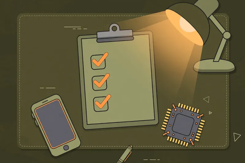 Clipboard checklist with phone and memory icons on a dark olive tactical desk