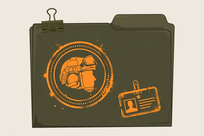 Tactical helmet icon with a guest pass badge on a military dossier folder