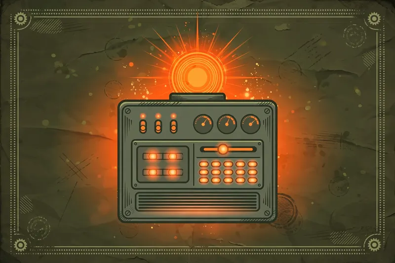 Alert console panel with blinking orange warning light on a military dossier background