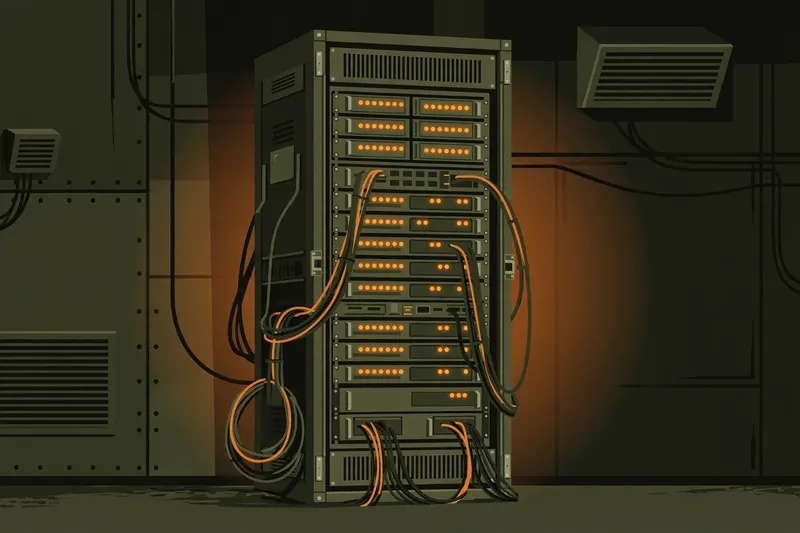 Dark military server rack with blinking orange indicator lights in an operations room