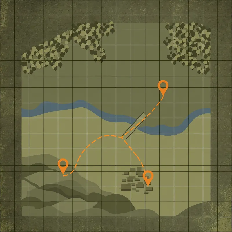 Top-down tactical battle map with grid lines and orange objective pins