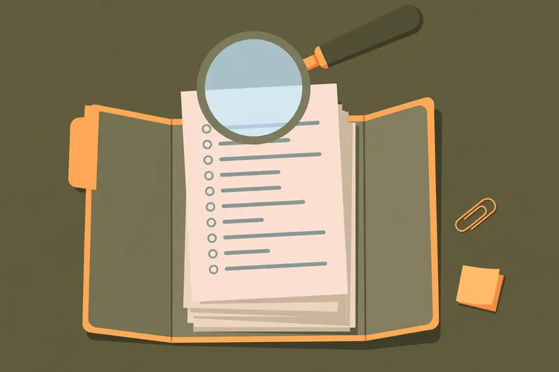 Open document folder with a changelog paper and magnifier on an olive desk