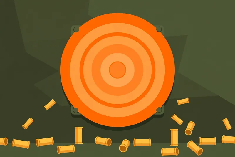 Bullseye target with orange rings on a dark olive range wall