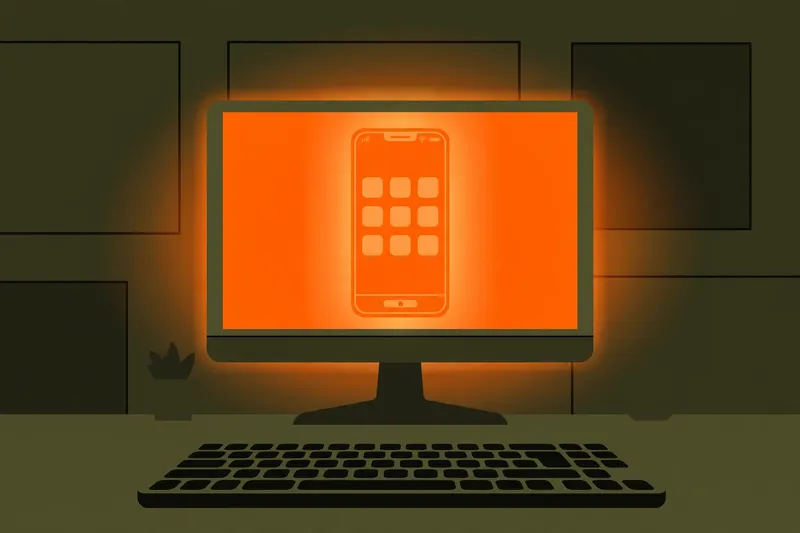 Desktop monitor displaying a phone screen with an orange glow in a dark room