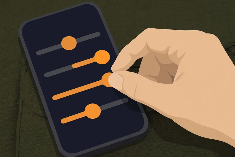 Hand tuning slider controls on a phone screen on a dark tactical desk