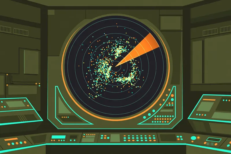 Radar screen with dense blips and a sweeping orange radar line in a command room