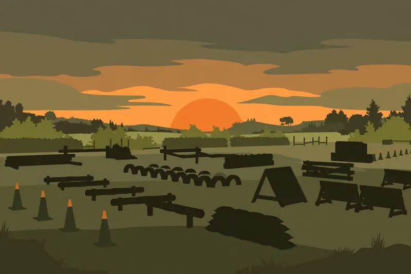 Military training ground obstacle course at dusk with an orange sunset glow