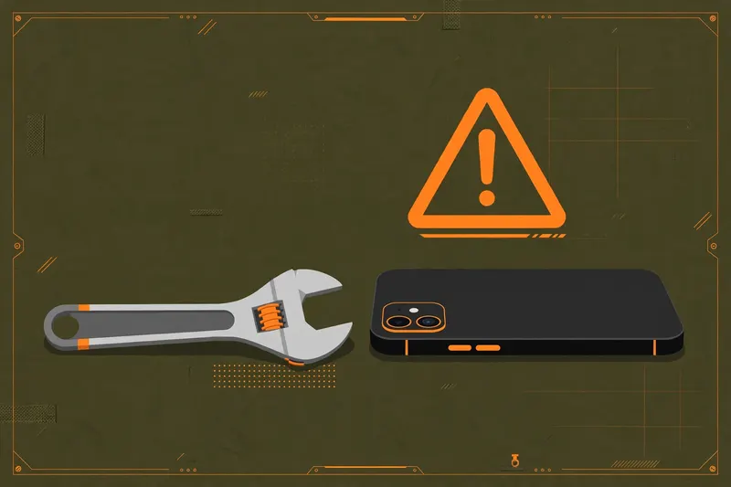 Wrench tool next to a smartphone with a warning triangle on a tactical workbench