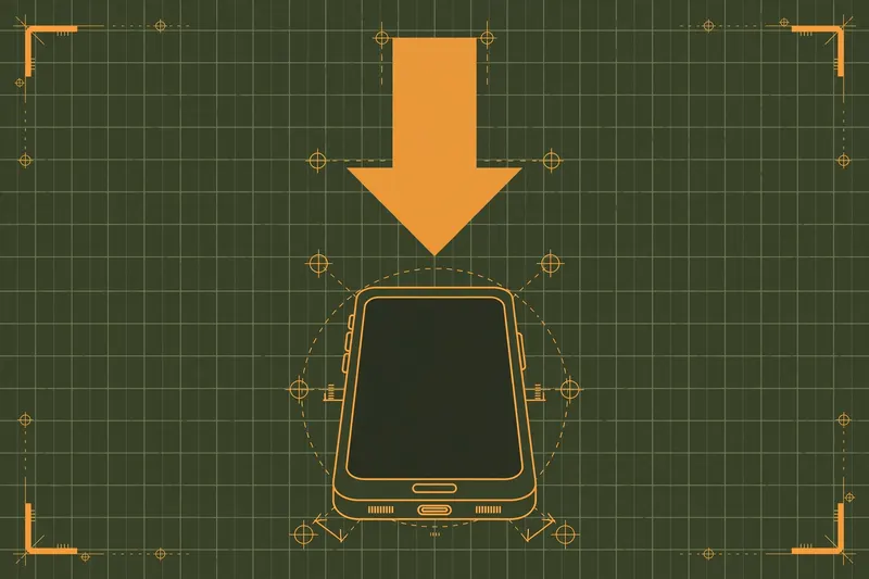 Military technical diagram of a smartphone with a download arrow on an olive blueprint background