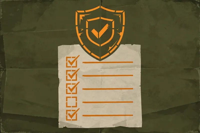 Security shield emblem over a checklist on a dark olive military dossier background